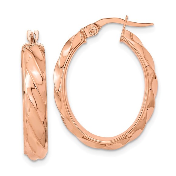 14K Rose Polished and Twisted Oval Hoop Earrings - Picture 1 of 4